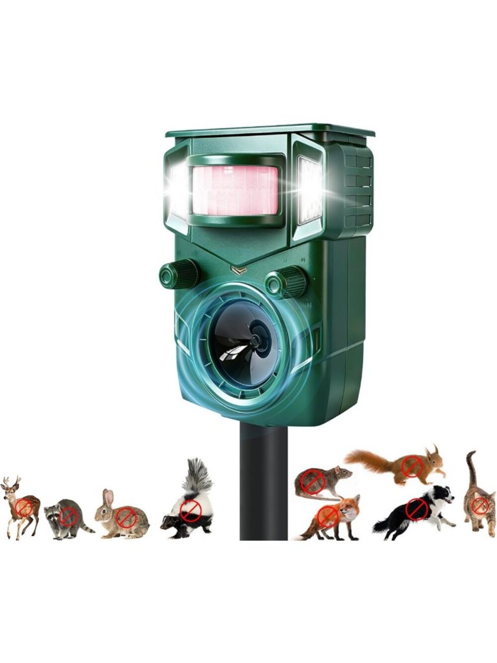 Solar Ultrasonic Animal Repellent - 5 Modes, Motion Sensor, Outdoor Deterrent